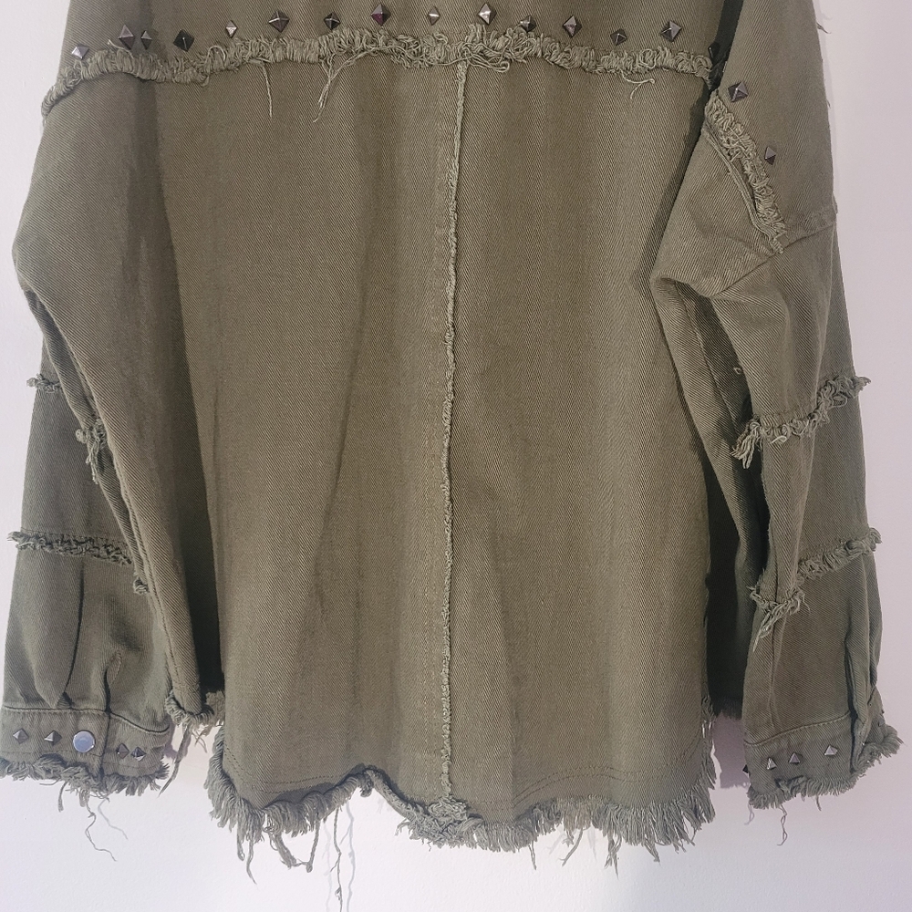 Blue B Collection Studded Army Green Jacket Midweight Cotton Military Distressed - Picture 6 of 11